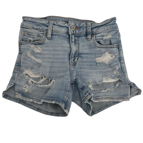 American Eagle Midi distressed light wash jean shorts size 0 - Picture 1 of 7